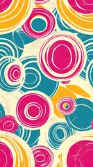 A pattern of hot pink, light yellow and aqua blue circles on top of each other in the style of retro.