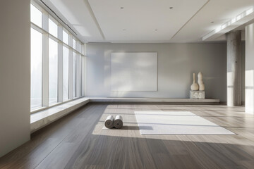 An elegant, minimalist yoga studio characterized by its simplicity and clean lines. The room has a muted color palette of soft grays and whites, with seamless, sleek wooden flooring. 