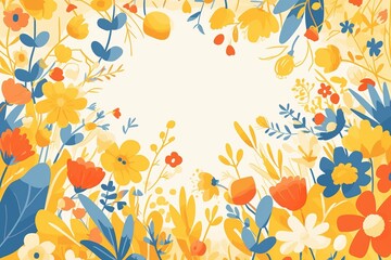 Obraz premium Vibrant floral frame with yellow, orange, and blue flowers, creating a cheerful and colorful border on a light background.