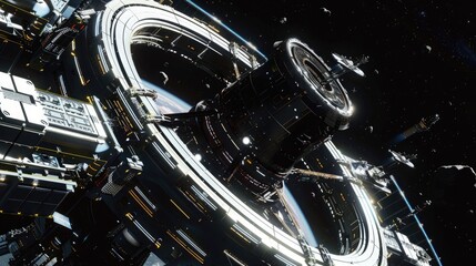 A futuristic space station, with massive rotating rings and docking bays for spacecraft.