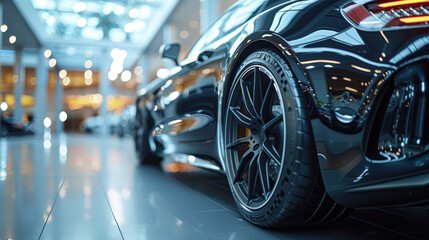 Close-up of luxury car wheel in modern showroom. Ideal for automotive advertising, showcasing high-end vehicles and promoting car dealerships
