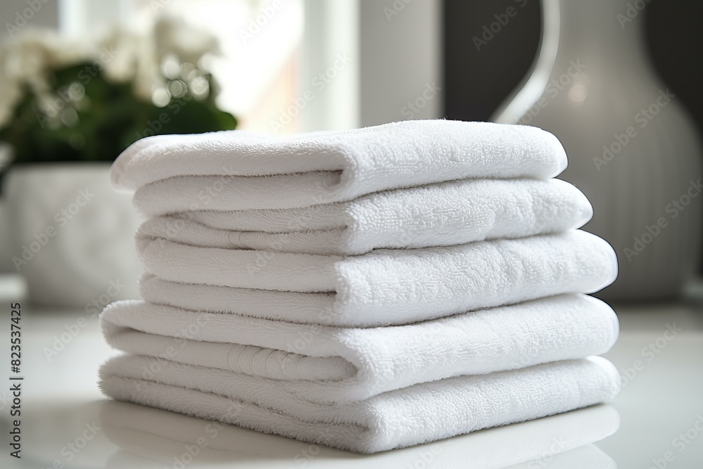 Poster neatly folded clean white towels on a table with soft natural background