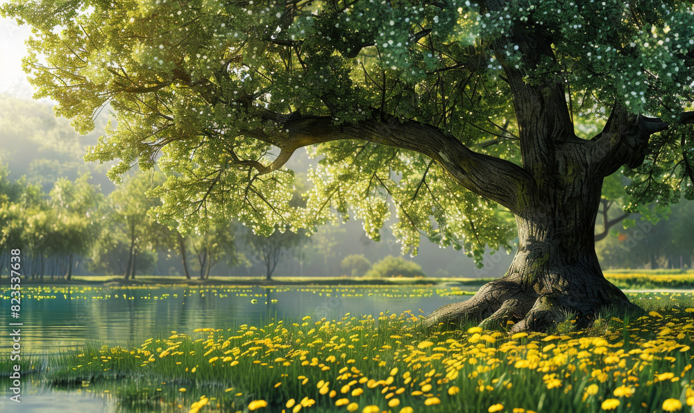 Wall mural beautiful tree and yellow flowers near the lake summer landscape