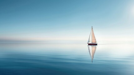A lone sailboat drifting peacefully on a calm, glassy lake.