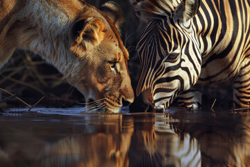 Lion and zebra drinking water from the same pond