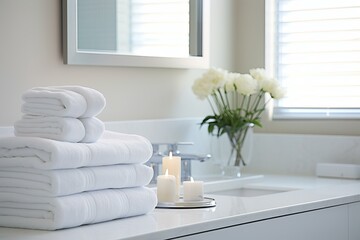 Stack of white fluffy towels on a bathroom counter with lit candles and flowers in the background - Powered by Adobe