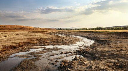 a polluted river flowing through a barren landscape 