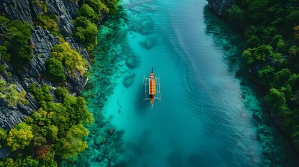 A boat floating in the clear turquoise waters of El Nido, showing a blue sky and green cliffs on...