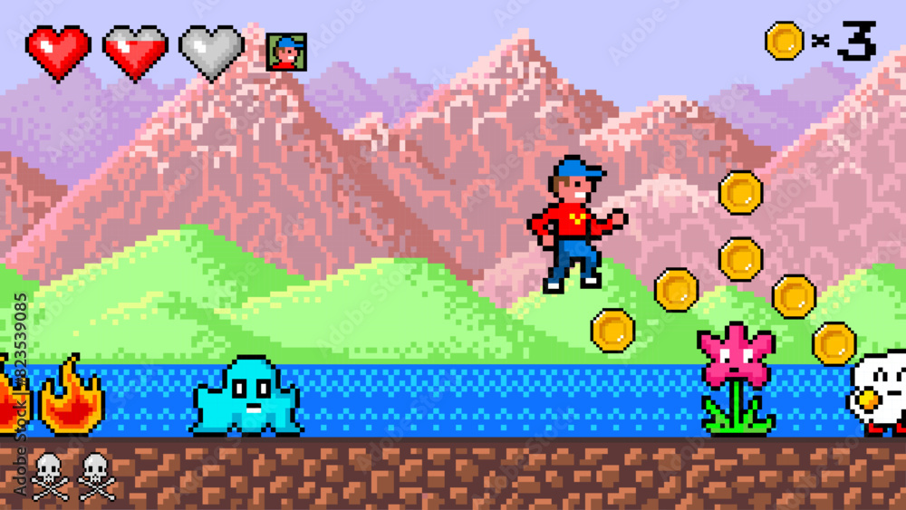 Fototapete pixel mountains. the game character collects coins. passing levels and number of lives. art 8 bit ob