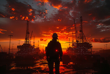 Fototapeta premium Silhouette of man standing in front of oil rigs at sunset