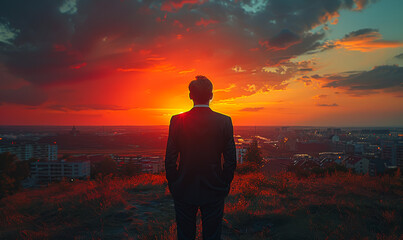 Obraz premium Man stands on hill and looks at the city at sunset