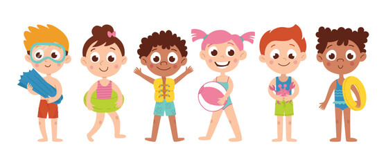 Set of children at sea sunbathing on the beach. Diversity boys and girls in swimsuits with an inflatable ring play and have fun. Vector summer cartoon illustration