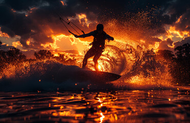 Silhouette of kitesurfer jumping over the water at sunset - Powered by Adobe