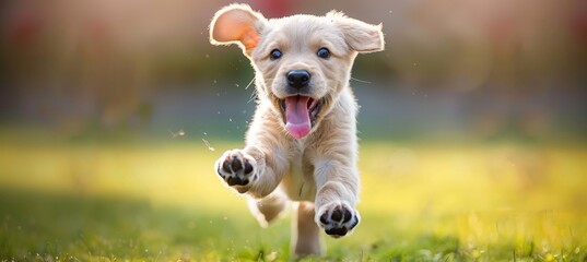 Joyful labrador puppy playing in sunlit green field, tongue out, enjoying the warmth