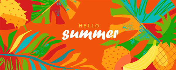 Vector banner with abstract tropical leaves and fruits. Hello summer. Bright horizontal background. Template for for sale, poster, header, cover, social media, fashion ads, other.
