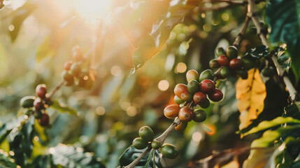 Coffee beans ripening, fresh coffee,red berry branch in the rays of sunlight.
