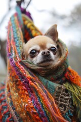 Playful chihuahua puppy in miniature sweater on colorful blanket, gazing happily at camera