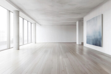 Obraz premium An elegant, minimalist yoga studio characterized by its simplicity and clean lines. The room has a muted color palette of soft grays and whites, with seamless, sleek wooden flooring. 
