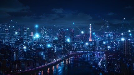 A city skyline at night, connected by glowing data connections and light bulbs symbolizing the internet of things. With a dark blue sky in the background.
