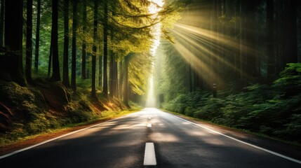 Obraz premium asphalt road disappearing into a lush green forest 