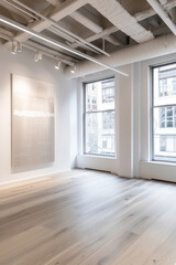 Fototapeta premium An elegant, minimalist yoga studio characterized by its simplicity and clean lines. The room has a muted color palette of soft grays and whites, with seamless, sleek wooden flooring. 