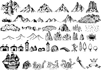 Fantasy map symbols for cartography of fantasy maps - line drawings, outlines, vector - mountains, trees and sea monsters