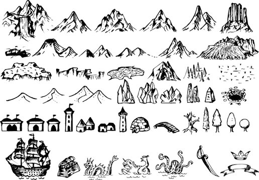 Fantasy map symbols for cartography of fantasy maps - line drawings, outlines, vector - mountains, trees and sea monsters