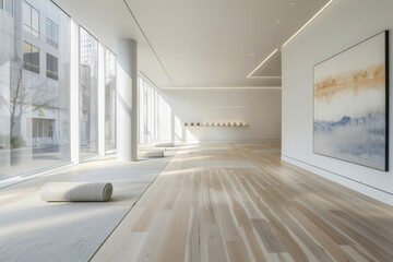 Fototapeta premium An elegant, minimalist yoga studio characterized by its simplicity and clean lines. The room has a muted color palette of soft grays and whites, with seamless, sleek wooden flooring. 