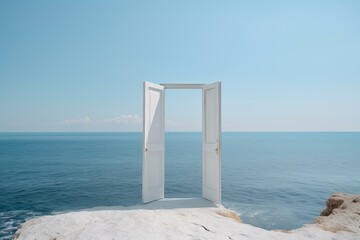 White open door on a cliff leading to a calm blue ocean and clear sky