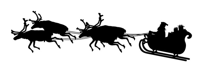 Santa Claus riding his sleigh with reindeer on transparent background.