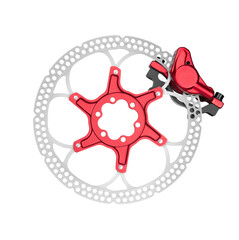 Bicycle disk brake caliper and rotor isolated on white