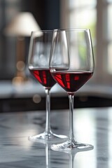Red wine in glasses on domestic background. Close up view.