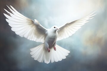 Serene white dove flies with wings fully spread against a soft, ethereal background
