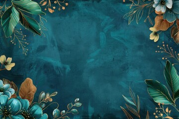Tropical Floral Frame on Textured Teal Background