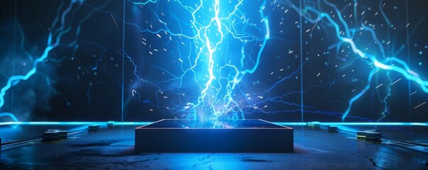 Futuristic scene with electric lightning and a central podium in a high-tech environment