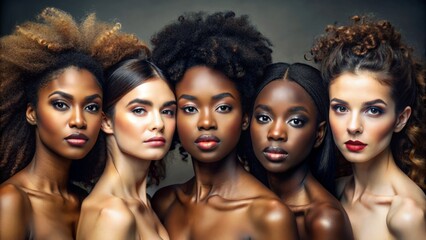 Face portrait, diversity and beauty of women in studio isolated on a brown background. Makeup cosmetics, skincare and group of female models with healthy or glowing skin after spa facial treatment.