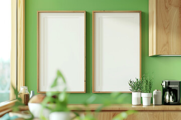 Wooden frame mockups on a bright green kitchen wall, expansive angle.