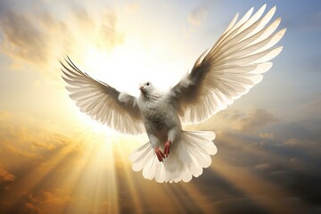 Serene white dove spreads its wings against a dramatic sunset with radiant sunbeams