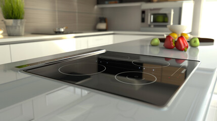 Futuristic kitchen with built-in ceramic induction stove.