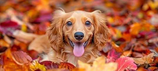 Cheerful dachshund puppy in colorful autumn leaves, playfully sticking out its tongue