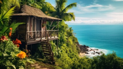 wooden shack perched atop a hill, view of a sprawling tropical jungle and a glistening ocean, 