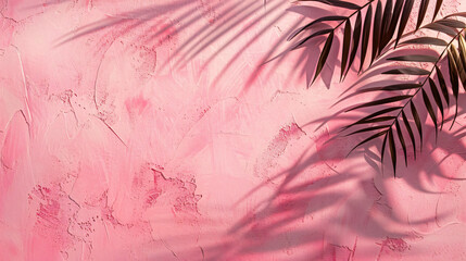 Shadow of palm leaves on pink wall with a beautiful pl