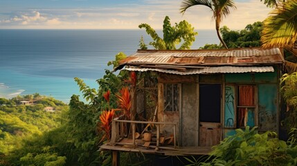 Obraz premium wooden shack perched atop a hill, view of a sprawling tropical jungle and a glistening ocean, 