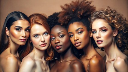 Obraz premium Face portrait, diversity and beauty of women in studio isolated on a brown background. Makeup cosmetics, skincare and group of female models with healthy or glowing skin after spa facial treatment.
