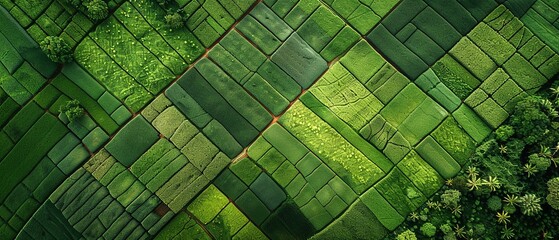 Perceived from above, a lush, green patchwork of agricultural fields depicts the textures and designs that comprise over nature setting and space, Generative AI.