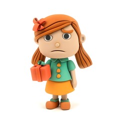 Unhappy Clay Figurine Girl Holding a Gift Box on White Background