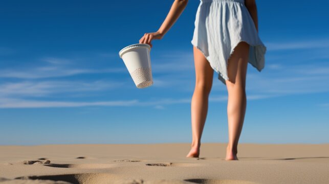 a woman's back littering a styrofoam cup on a deserted beach 