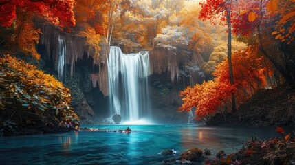 A majestic waterfall surrounded by colorful trees.