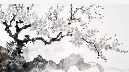 10. Traditional Chinese ink painting of a durian tree in bloom, with delicate brushstrokes and minimalist art deco luxury
