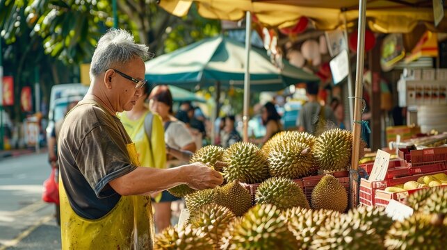 7. A vendor offering samples of durian to customers at a market stall, enticing passersby with the fruit's unique aroma and taste.